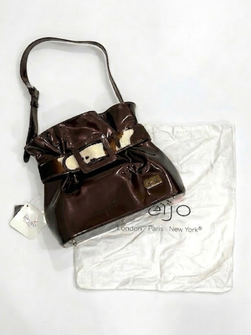Beijo Copper Brown Faux Leather Bag with Cow Hair Belt Detail NWT